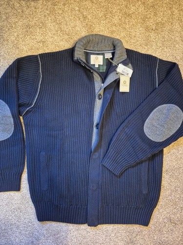 Viyella Men's Navy Ribbed Zip Button Cardigan with Grey Elbow Pa