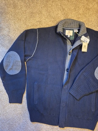 Viyella Men's Navy Ribbed Zip Button Cardigan with Grey Elbow Pa - photo 2