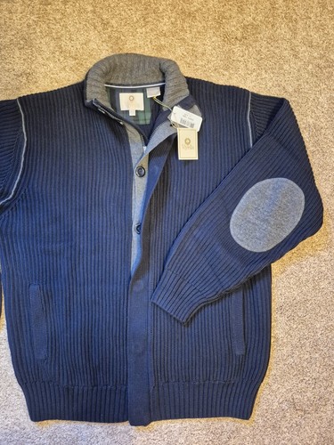Viyella Men's Navy Ribbed Zip Button Cardigan with Grey Elbow Pa - photo 3
