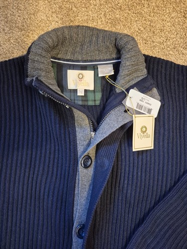 Viyella Men's Navy Ribbed Zip Button Cardigan with Grey Elbow Pa - photo 4