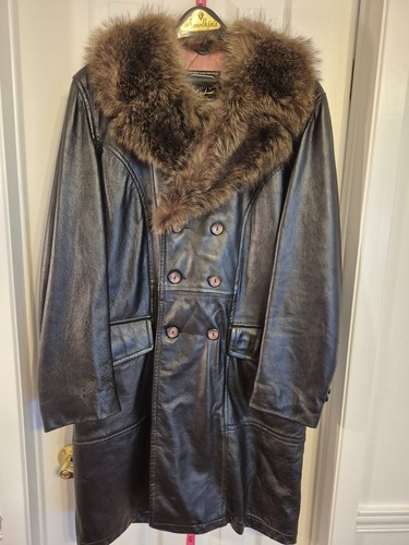 Vintage Black Leather Long Trench Coat with Brown Faux Fur Colla