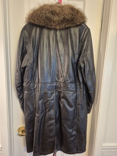 Vintage Black Leather Long Trench Coat with Brown Faux Fur Colla - photo 2