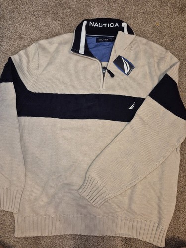 Vintage NWT Nautica Men's Quarter-Zip Stripe Sweater Beige/Navy