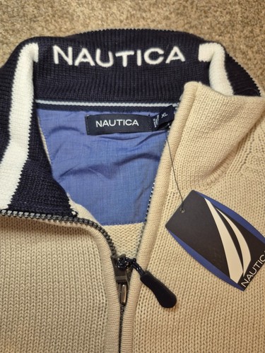 Vintage NWT Nautica Men's Quarter-Zip Stripe Sweater Beige/Navy - photo 2
