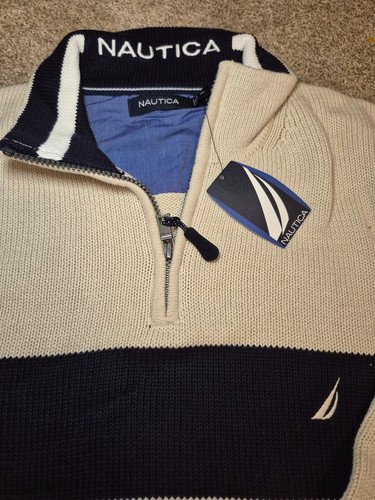 Vintage NWT Nautica Men's Quarter-Zip Stripe Sweater Beige/Navy - photo 3