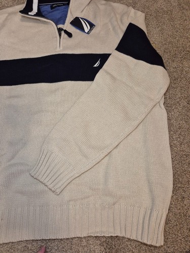Vintage NWT Nautica Men's Quarter-Zip Stripe Sweater Beige/Navy - photo 4