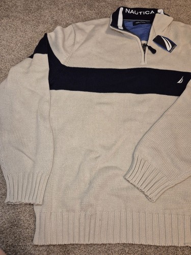 Vintage NWT Nautica Men's Quarter-Zip Stripe Sweater Beige/Navy - photo 5
