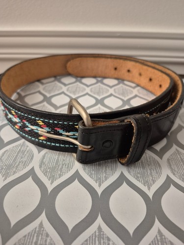 Vintage Men's Black Leather Belt with Multicolour Stitching 38