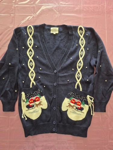 Vintage Susan Bristol Navy Cardigan Sweater with Mitten Pockets