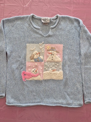 Vintage Women's Light Blue Holiday Christmas Sweater Snowmen Emb