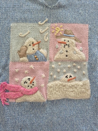 Vintage Women's Light Blue Holiday Christmas Sweater Snowmen Emb - photo 2