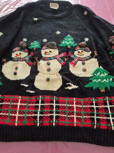 Vintage Festive Black Snowman Crewneck Holiday Christmas Sweater