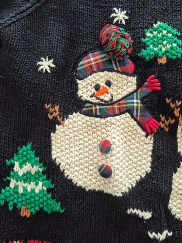 Vintage Festive Black Snowman Crewneck Holiday Christmas Sweater - photo 4