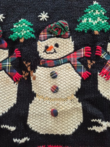 Vintage Festive Black Snowman Crewneck Holiday Christmas Sweater - photo 5
