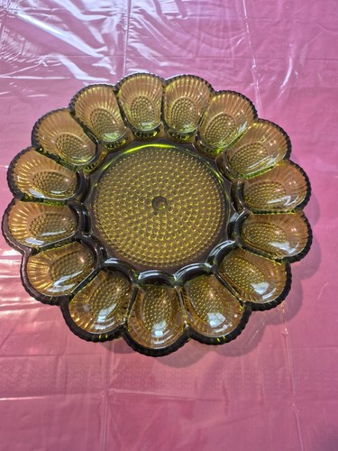 Vintage Indiana Glass Hobnail Olive Green Egg and Relish Plate