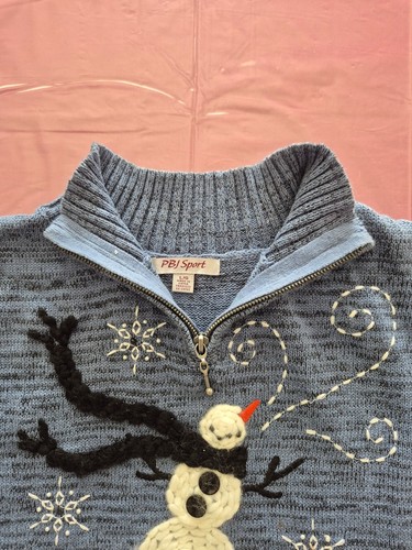 Vintage PBJ Sport Women's Light Blue Snowman 1/4 Zip Sweater L
