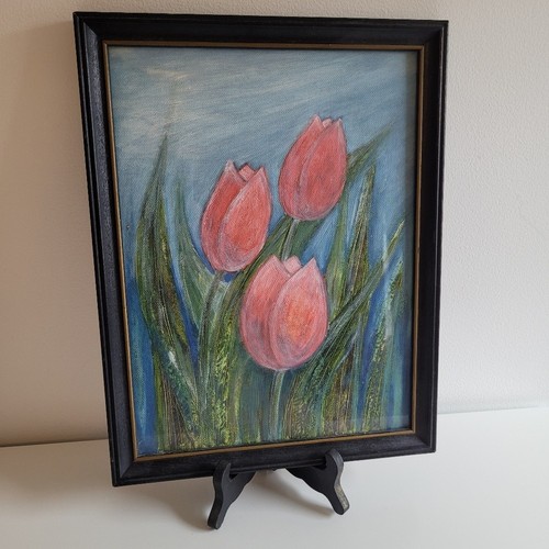 Original Art Framed Pink Tulips Painting Unsigned