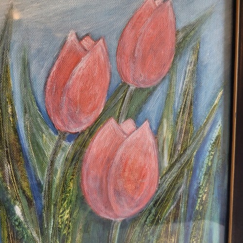 Original Art Framed Pink Tulips Painting Unsigned - photo 2