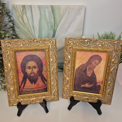 Vintage Ornate Small Golden Framed Byzantine-Style Icons Set