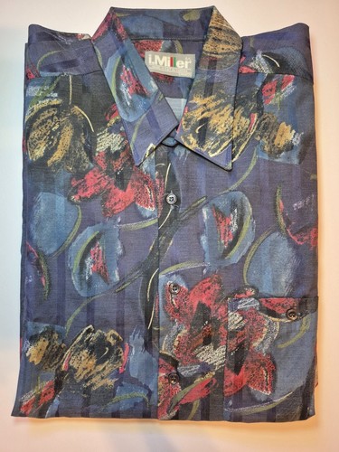 Vintage NWOT i.Miller Men's Navy Floral Button-Up Shirt Large