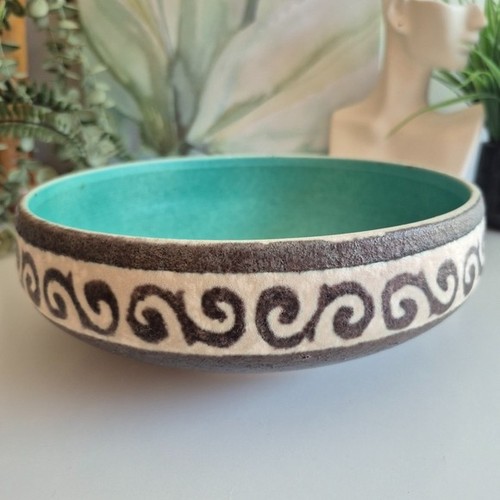 Vtg Handcrafted Ceramic Bowl with Swirl Design Aqua Interior