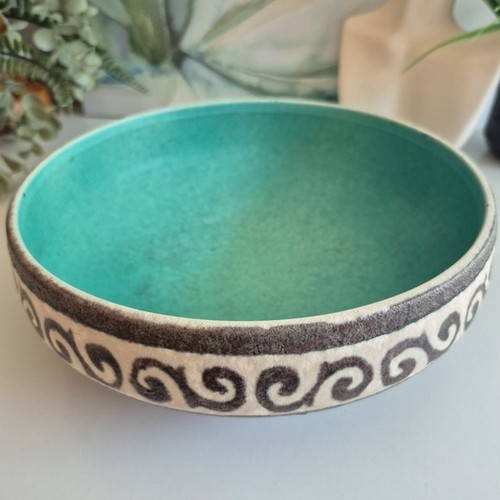 Vtg Handcrafted Ceramic Bowl with Swirl Design Aqua Interior - photo 2