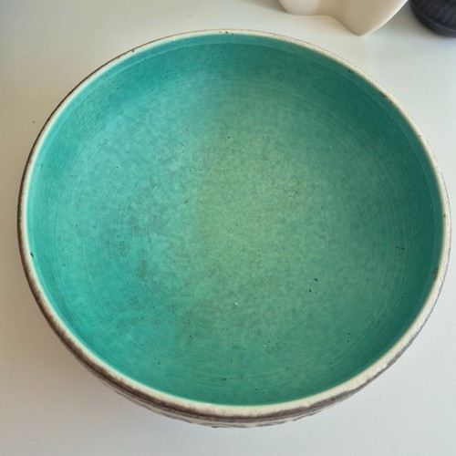Vtg Handcrafted Ceramic Bowl with Swirl Design Aqua Interior - photo 3