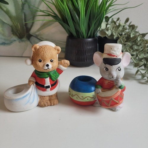 Vtg Bisque Porcelain Santa Bear And Drummer Mouse Candle Holders