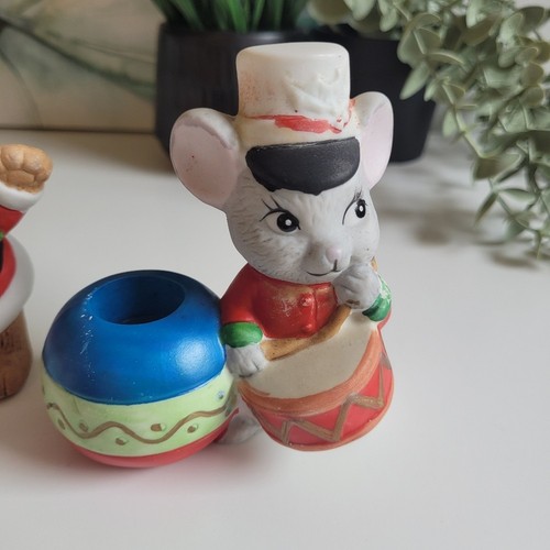 Vtg Bisque Porcelain Santa Bear And Drummer Mouse Candle Holders - photo 3