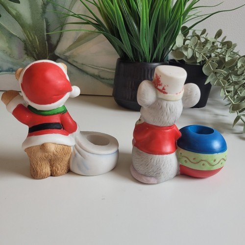 Vtg Bisque Porcelain Santa Bear And Drummer Mouse Candle Holders - photo 4
