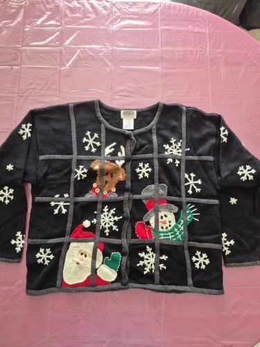 Vintage Black Holiday Windows Knit Cardigan Size L