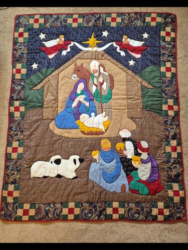 Vintage Handmade Christmas Nativity Scene Quilt 59x48