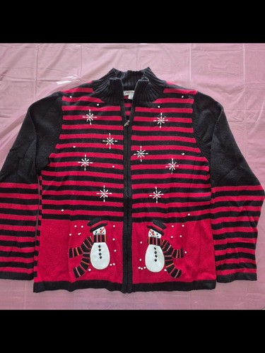 Vintage Women's Black Red Striped Zip Cardigan Sweater L