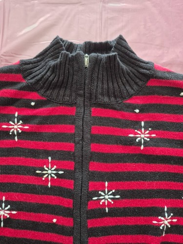 Vintage Women's Black Red Striped Zip Cardigan Sweater L - photo 3