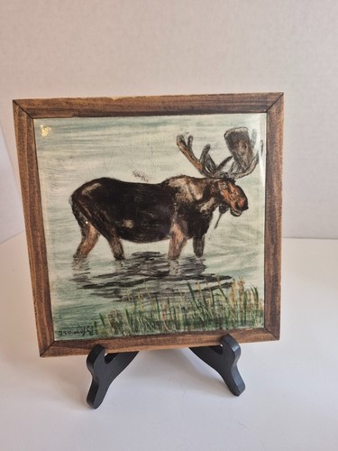 Vintage Wood Framed Hand Painted Moose Tile Art Signed