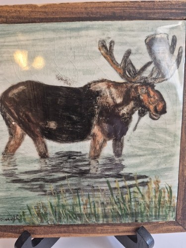 Vintage Wood Framed Hand Painted Moose Tile Art Signed - photo 2