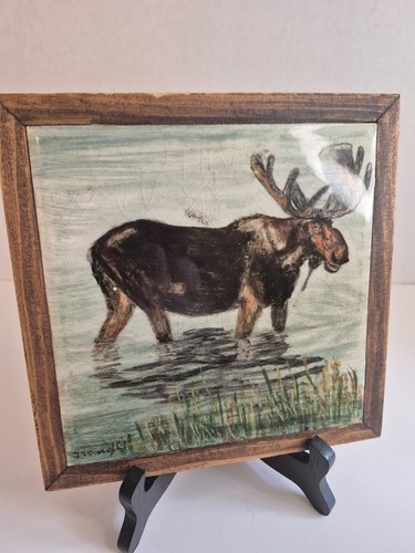 Vintage Wood Framed Hand Painted Moose Tile Art Signed - photo 3