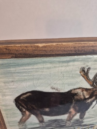 Vintage Wood Framed Hand Painted Moose Tile Art Signed - photo 4