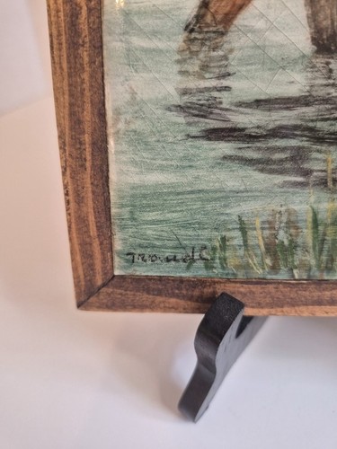 Vintage Wood Framed Hand Painted Moose Tile Art Signed - photo 5