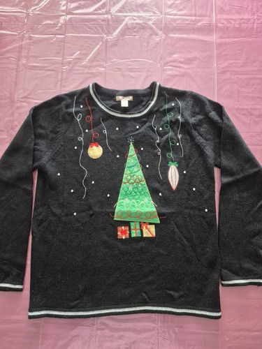 Vintage White Stag Black Christmas Tree Sweater M