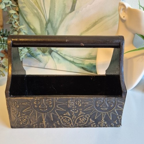 Vintage Primitive Wood And Tin Sun and Moon Decorative Caddy Box