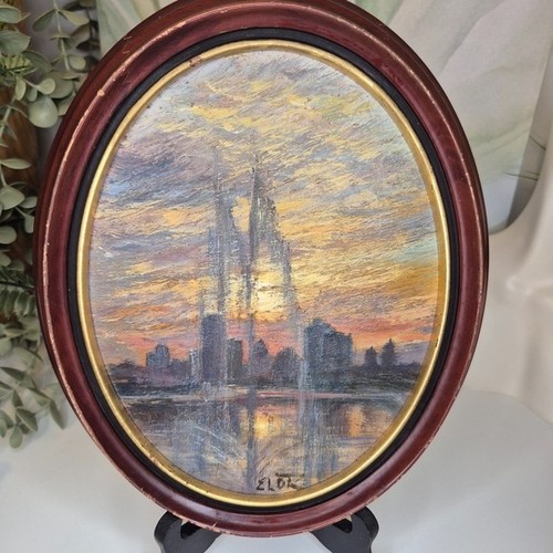 Vintage Original Framed Pastel Drawing of Sunset Cityscape