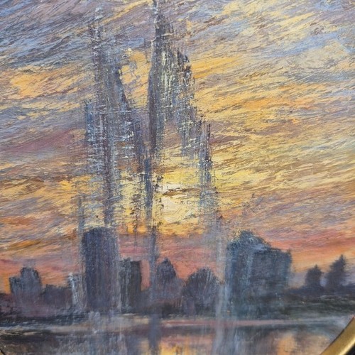 Vintage Original Framed Pastel Drawing of Sunset Cityscape - photo 2