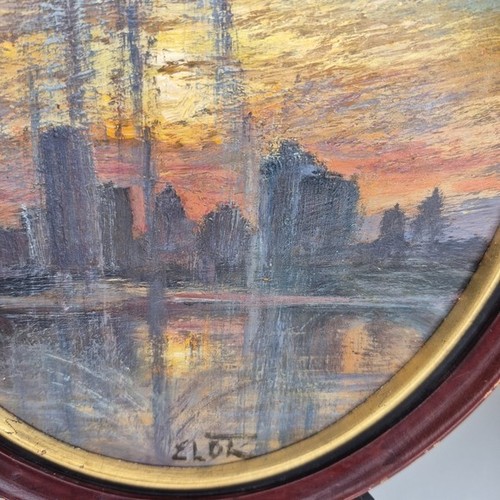 Vintage Original Framed Pastel Drawing of Sunset Cityscape - photo 3