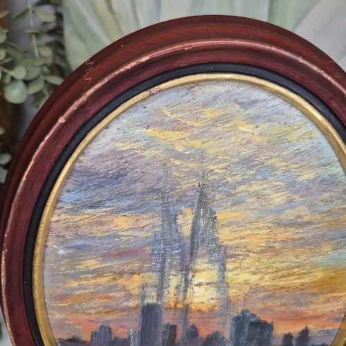 Vintage Original Framed Pastel Drawing of Sunset Cityscape - photo 4