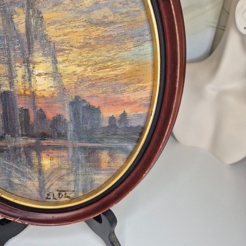 Vintage Original Framed Pastel Drawing of Sunset Cityscape - photo 5