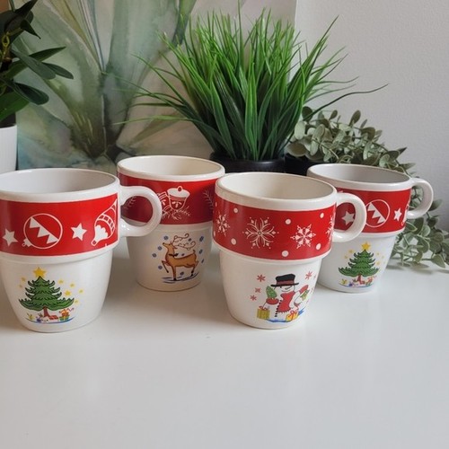 Vintage Stacking Holiday Mugs Festive Christmas Set Of 4
