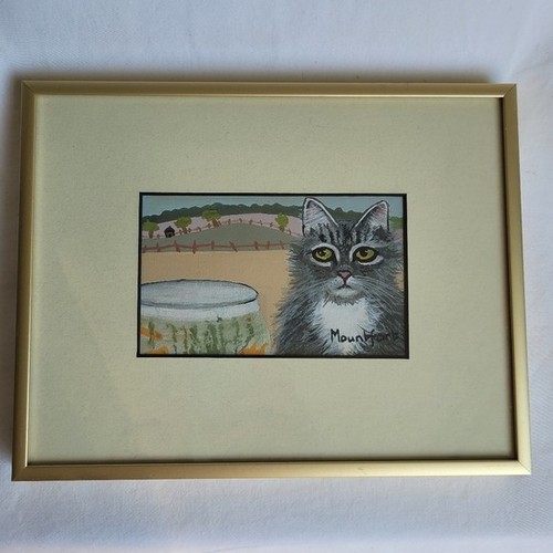Original Art Painting Grey Persian With Gold Fish Signed Mountfo