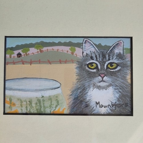 Original Art Painting Grey Persian With Gold Fish Signed Mountfo - photo 2