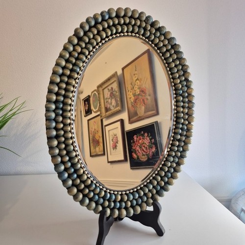 Vintage Beaded Oval Mirror Green and Silver